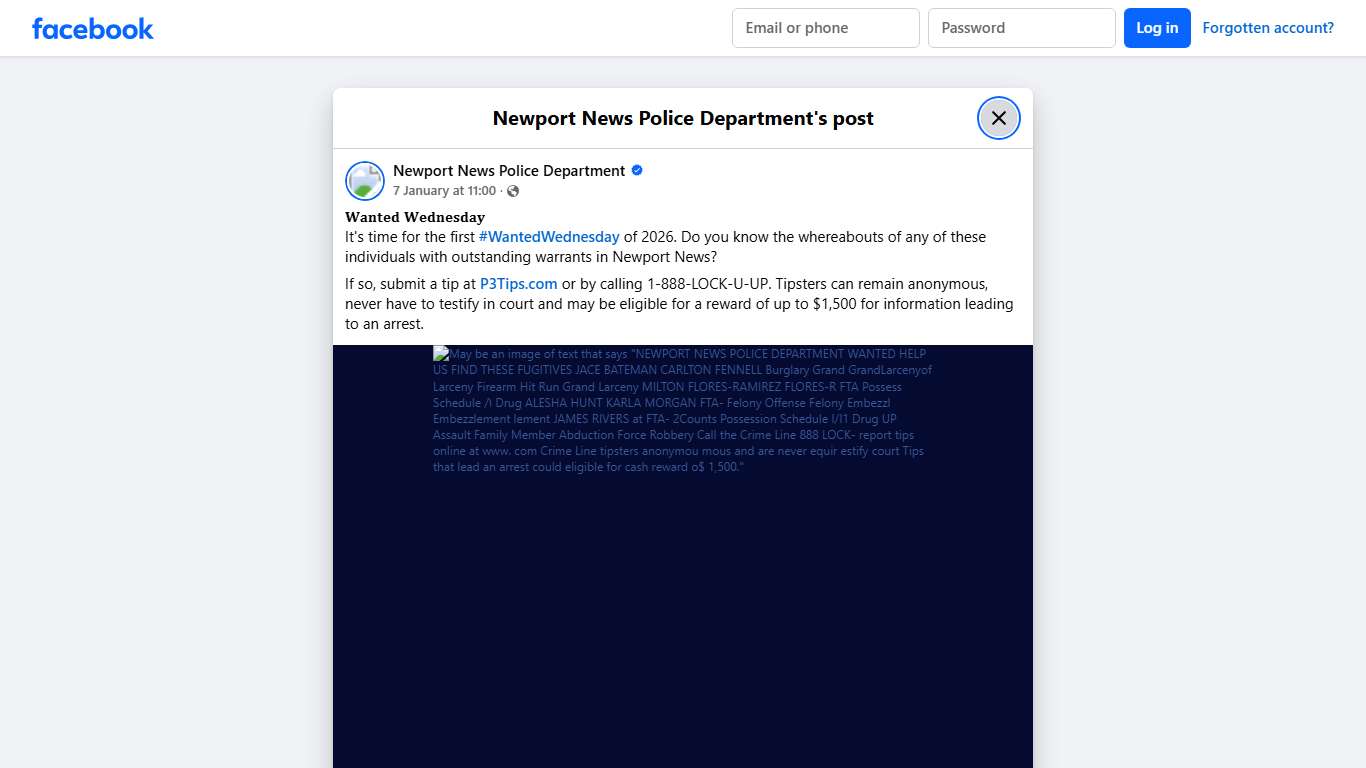 𝐖𝐚𝐧𝐭𝐞𝐝 𝐖𝐞𝐝𝐧𝐞𝐬𝐝𝐚𝐲 It's... - Newport News Police Department Facebook